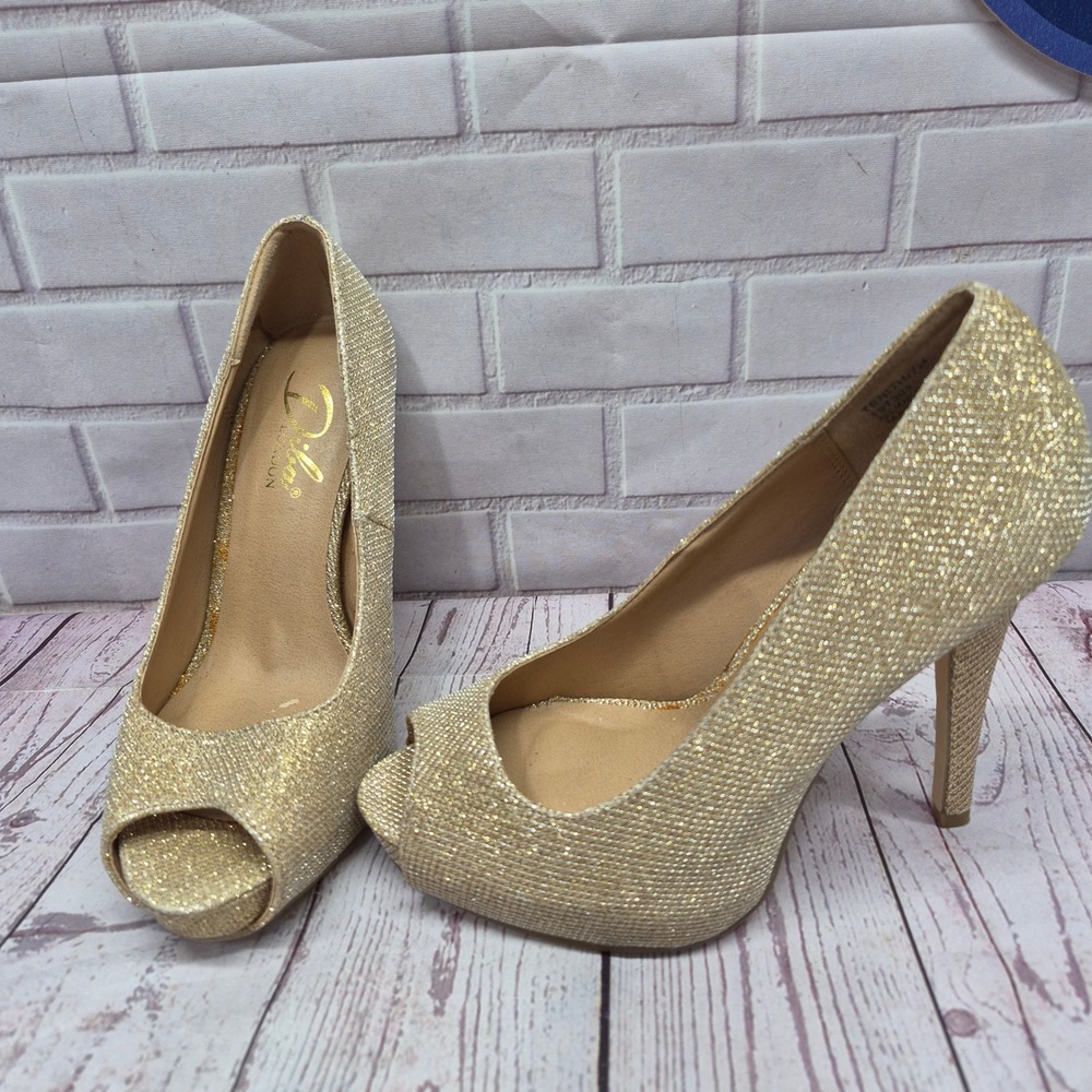 Diba London Zenith Gold Glitter Peep Toe Platform Pumps Stiletto Heels 8.5